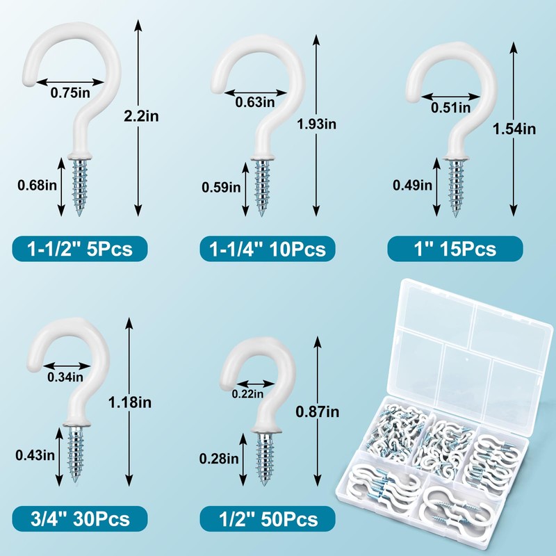 Pylevemv 110Pcs Premium Screw Hooks, 5 Sizes White Vinyl Coated