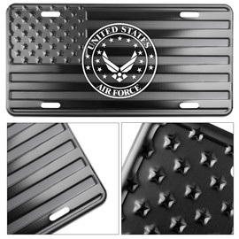 Air Force License Plate Tag Laser Etched on Embossed Black on Matt Black American Flag