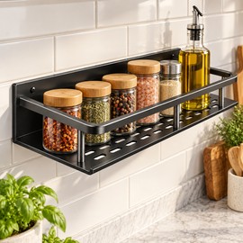 Wall Mounted Aluminum Storage Shelf for Kitchen & Bathroom – Waterproof Black Organizer for Space-Saving Everyday Storage