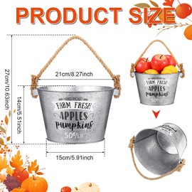Honeydak 2 Pack 8 x 5.5 Inch Fall Galvanized Metal Bucket Rustic Vintage Medium Metal with Sturdy Rope Handle Picked Farm Fresh Apples Pumpkins for Home Decor Display Fruits Vegetables Party Supplies