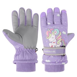 JUPSK Kids Winter Ski Gloves Purple Unicorn Waterproof Anti Slip Plush Lined Thermal Snowboard Gloves for Girls Boys Children Aged 6-10