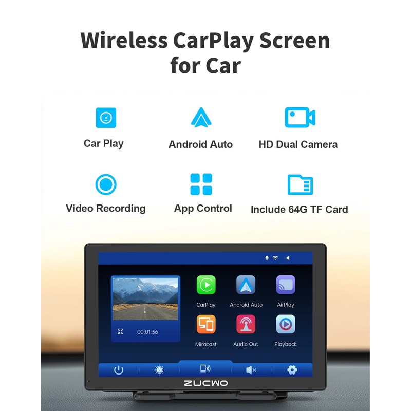 ZUCWO 9 Inch Wireless CarPlay Screen for Car, CarPlay &