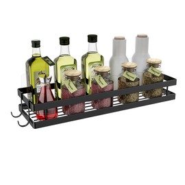 Bestdon Spice Rack Wall No Drilling Kitchen Shelf Black Metal with 2 Hooks Spice Holder Hanging Shelf Organiser for Kitchen