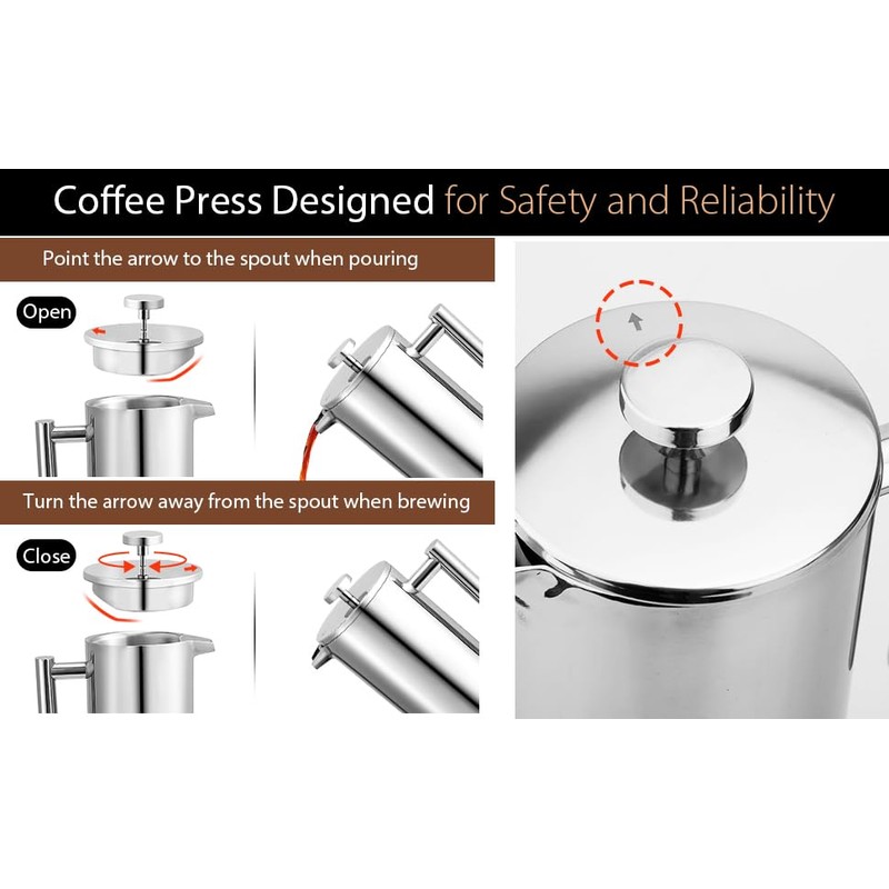 Miuly 34oz French Press Coffee Maker Stainless Steel Insulated Coffee