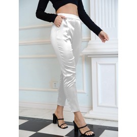 heipeiwa Women's Satin Pants Dress Casual Pleated Pull on High Waist Pants with Pockets White
