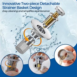 Bathroom Sink Drain Strainer, Pop-up Sink Drain Strainer with Removable Stainless Steel Strainer Basket Hair Catcher, Bathroom Sink Strainer for Bathroom Sink Stopper Replacement (3PCS)