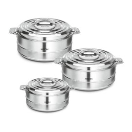 Milton Fortuner 3-Pc Set Insulated Keep Hot/Cold Thermo Stainless Steel Casseroles, 1.0L/1.5L/2.5L (Silver) (3-Pc Set) (Fortuner 3pc set)