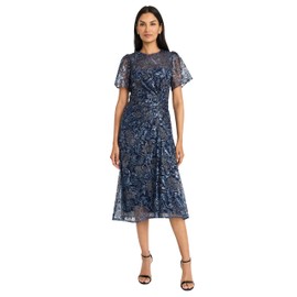 Maggy London Women's Elegant Short Sleeve Midi Textured Semi-Sheer Fabric-Sophisticated Cocktail Dress, Navy