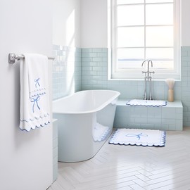 4 Pcs Scalloped Towels for Bathroom 100% Cotton 2 Bath Towels 2 Hand Towels Scallop Bathroom Towels Embroidered Dish Towel Decorative Soft Bath Towel for Kitchen (Bow Blue, 2*Bath+2*Hand towel)