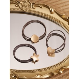 HAQUIL 3PCS Brown Heart Charms Hair Ties, Elastic Star Rubber Bands, Round Hair Holders, Hair Ropes, Accessories for Women