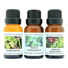 Crazy Candles 3 Bottles Set, 1 Hawaiian Sandalwood, 1 Sandalwood, 1 Teak & Sandalwood 1/2 Fl Oz Each (15ml) Premium Grade Scented Fragrance Oils