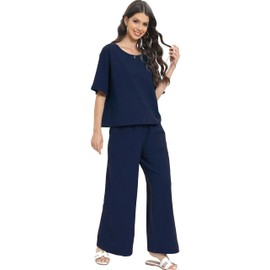 Anytree 100% Cotton Linen Lounge Set Women's 2 Piece Lounges Short Sleeve Top Wide Leg Pants Set Loungewear AU5