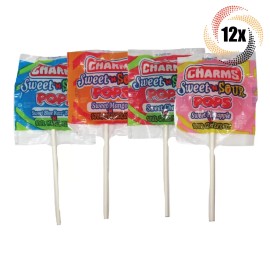 12x Pops Charms Sweet 'N Sour Assorted Flavor Flat Pops Lollipops - .65oz