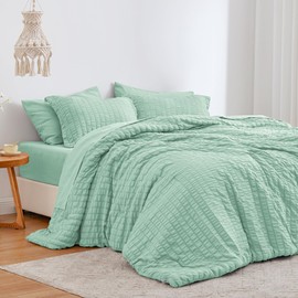 Love's cabin Seersucker Light Green 7 Pieces Comforter Set Full, All Season Bedding Set, Full Bed in a Bag Comforter Set with Comforter, Flat Sheet, Fitted Sheet, Pillowcase and Pillow Sham