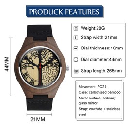 MicLee Men's Women's Unisex Bamboo Simple Wooden Watch Analogue Quartz Movement Watch with Leather Strap for Women Men Gifts, Strap.