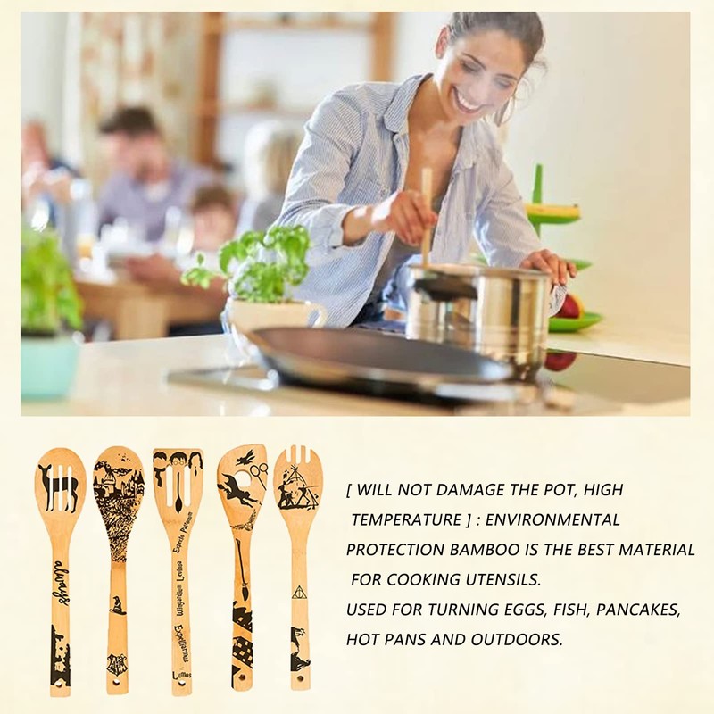 Bamboo Spoon Set with 5 Magic Kitchen Utensils, Engraved, Funny