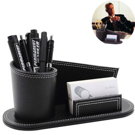 Faux Leather Pen Pot, Irregular Desk Organiser With Business Card Holder Office Desktop Pen Holder Creative Desk Tidy Stationery Storage Box Luxury Desk Supplies Organizer Makeup Brushes Holder