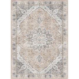 befbee 9x12 Area Rug,Ultra-Thin Washable Rugs for Living Room,Non-Slip Lightweight Foldable Area Rug,Stain Resistant Vintage Large Rugs (Pink/Gray, 9'x12')