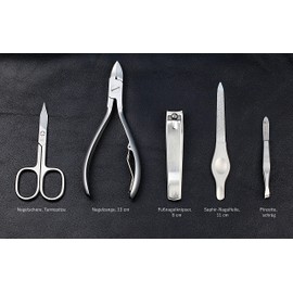 HK Manicure by Hans Kniebes Pocket Manicure Set of 5 with Nail Scissors, Nail Clippers, Toenail Clippers, Nail File, Tweezers - Genuine Nappa Goat Leather