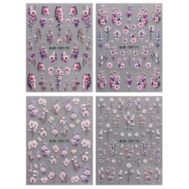 JMEOWIO 3D Embossed Flower Nail Art Stickers Decals Self-Adhesive 5D Spring Summer Floral Nail Supplies Nail Art Design Decoration Accessories 4 Sheets