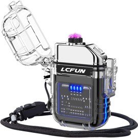 LcFun USB Rechargeable Electric Lighter, Windproof Plasma Dual Arc Lighters, Waterproof Flameless Lighter with Battery Display & Flashlight for Hiking, Camping Gear, Survival Kits