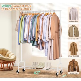SLEEPING LAMB Heavy Duty Clothes Racks for Hanging Clothing Rack, 43" Wide Rolling Garment Rack Metal Wardrobe Rack with Wheels Closet Hanger Racking for Coats, Shirts, Dress, (White)