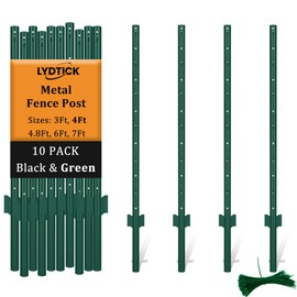 LYDTICK 10Pack Fence Posts 4Ft in Bulk, Metal Fence Stakes Black Fencing Pole Heavy Duty T Post for Garden Wire Fencing, Green