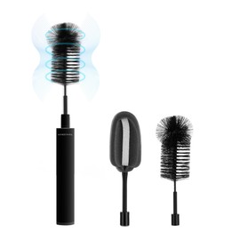 NINESTARS Electric Baby Bottle Cleaning Brush w/Sponge Brush & Bristle Head, Long-Lasting Battery Electric Bottle Cleaner for All Families, New Mom, Time Saving Household Cleaning Tool (Black Metal)