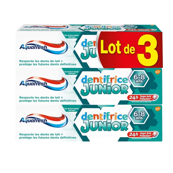 Aquafresh Dentifrice Junior, Pour les Enfants Entre 6 et 8 Ans, Protege les Dents En Croissance, Goût Menthe Douce, Lot de 3x75ml