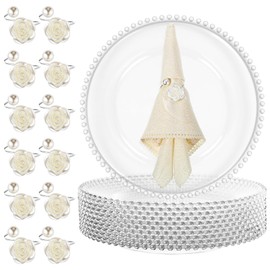 Tioncy 12 Set Clear Charger Plates with Napkin Rings Bulk, 13 Inch Beaded Plastic Round Plates for Dinner, Wedding, Party, and Event Table Decoration (Silver)