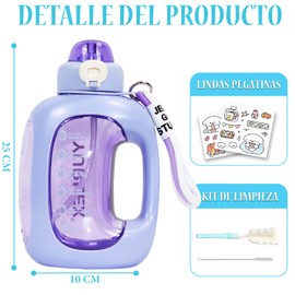 Botellas de Agua Deportivas, 1500ML Gran Capacidad, Botella de Agua Deportiva con Pajita, con Marcador de Tiempo y Cepillo de Limpieza, sin BPA, para Oficina Gimnasio（Púrpura）
