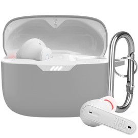 For JBL Tune 230 NC TWS Case, Front LED Visible Soft Non-Slip Shockproof Full Protective T230NC Case with Carabiner - Grey