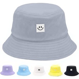 Kids Sun Hat Smile Face Bucket Hat for Girls Boys Summer Sun Protection Cotton Unisex Beach Cap Grey