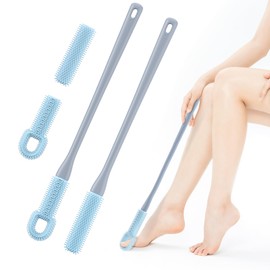 PENGARO Toe Cleaning Brush, 2 Pack 15.7" Foot Scrubber Brush Long Handle Toe Brush Silicone Shower Brush with Replace Brush Head, Lotion Applicator for Seniors Disabled Adults Toes, Blue