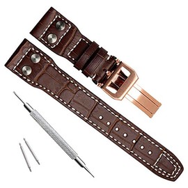 OliBoPo 22mm Genuine Leather Watch Strap Band fit for IWC PILOT'S Watchs (Gold Buckle/Brown)