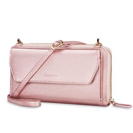 nuoku Womens RFID Wallet Purse Wristlet Crossbody Clutch with Zip Around 2 Strap, Pink Bag