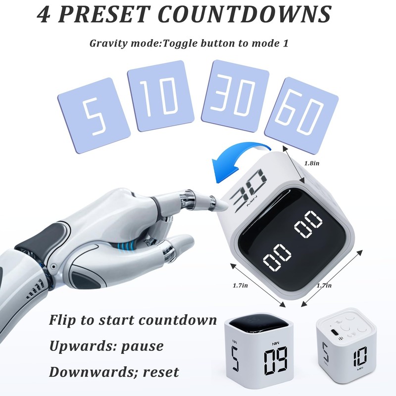 Productivity Timer Flip Gravity Sensor Cube Timer Countdown & Countup,Mute