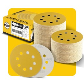 Pack of 100 125 mm 8 Hole Sanding Discs 400 Grit - Premium Gold Round Velcro Sandpaper for Random Orbital Sanders - Ideal for Wood, Metal, Automotive