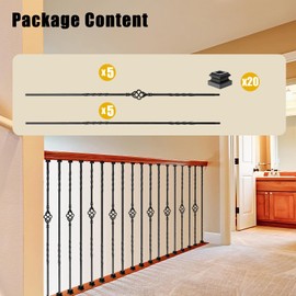 Vilstomes 10 Pack Wrought Iron Balusters - 44" Satin Black Metal Spindles With Baluster Shoes (5 Double Twist +5 Single Basket)