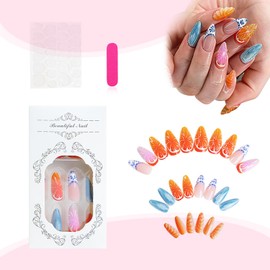 24 Pcs Summer French Tip Press on Nails Medium Almond, Artificial Acrylic Fake Nails with Glue, Full Cover Almond Shaped False Nails with 3D Orange Design, Glossy Glue on Nails for Women DIY Nails