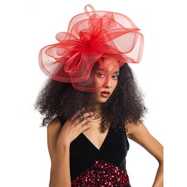 LATIMOON Fascinators for Women, Feather Flower Hair Clip Brooch Wedding Kentucky Tea Party Hat Derby Race Headwear(Red