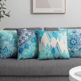 Set of 4 Luxton Boho Mandala Cushion Covers for Home Decoration, Aqua Blue Green Turquoise Cushion Covers Decorative Pillow Covers Square 45x45cm