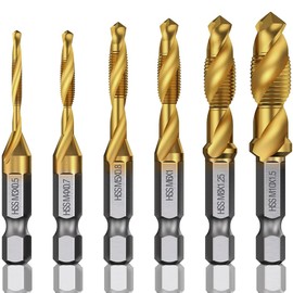 Drill Bit, Hexagonal Shaft, Set of 6, Chamfering Tap, Drilling HSS High Speed Steel, M3, M4, M5, M6, M8, M10, Tap, Spiral, Multifunction, Fits Copper, Aluminum, Mild Steel, Thin Stainless Steel, Plastic, Wood, DIY Metal Processing, Tap Drill Set (Titaniu