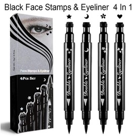 WanTuoluo 4Pcs Dual-Ended Black Liquid Eyeliners Pack with Face Stamps – Star Moon Flower Heart Stamps for Cosplay & Gothic Makeup,Fine Tip, Smudge-resistant – Beginner-Friendly (4Pcs-Black-set03)