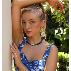 PEARLADA Chunky Statement Lapis Lazuli Necklace, Big Baroque Pearl Gold Choker, Trendy Boho Blue Beaded Stone Jewelry