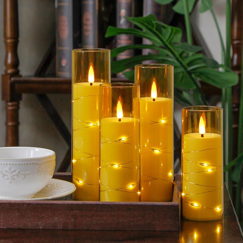 Yeelida Gold Flameless Candles with Remote and String Light, 2.2"x