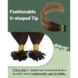 Ugeat U Tip Hair Extensions Human Hair Balayage Dark Brown Mix Medium Brown with Golden Blonde K Tips Hair Extensions Ombre Brown Pre Bonded Human Hair Extensions for Women 16inch 50G 50S