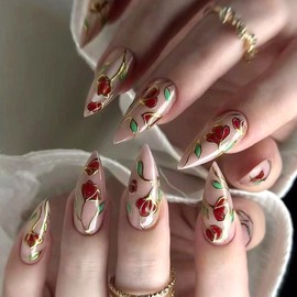 MERVF Almond Press on Nails Medium Fake Nail Flower Rose Glue ons Nails Gold Design Stiletto Acrylic Floral Manicure Glossy 24pcs