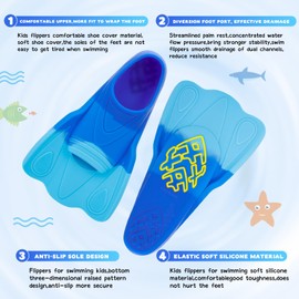 Kids Swim Training Fins, Comfortable Silicone Short Fins for Lap Swimming Flippers, Travel Size Flipper for Kids with Mesh Bag