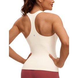 CRZ YOGA Butterluxe Workout Tank Tops for Women Built in Shelf Bras Padded - Racerback Athletic Spandex Yoga Camisole White Apricot Medium